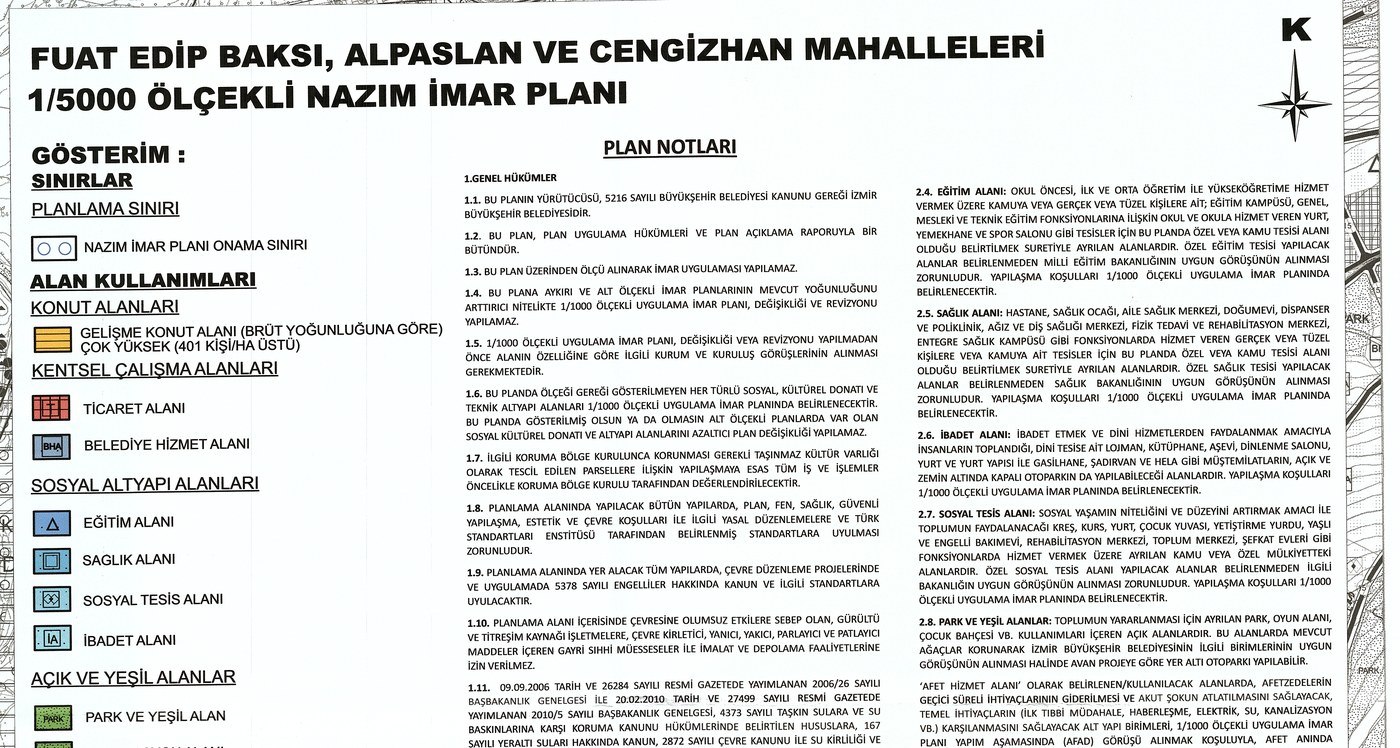 Fuat Edip Baksı, Alpaslan ve Cengizhan mahalleleri nazım imar planı paftasının gösterim ve plan notları