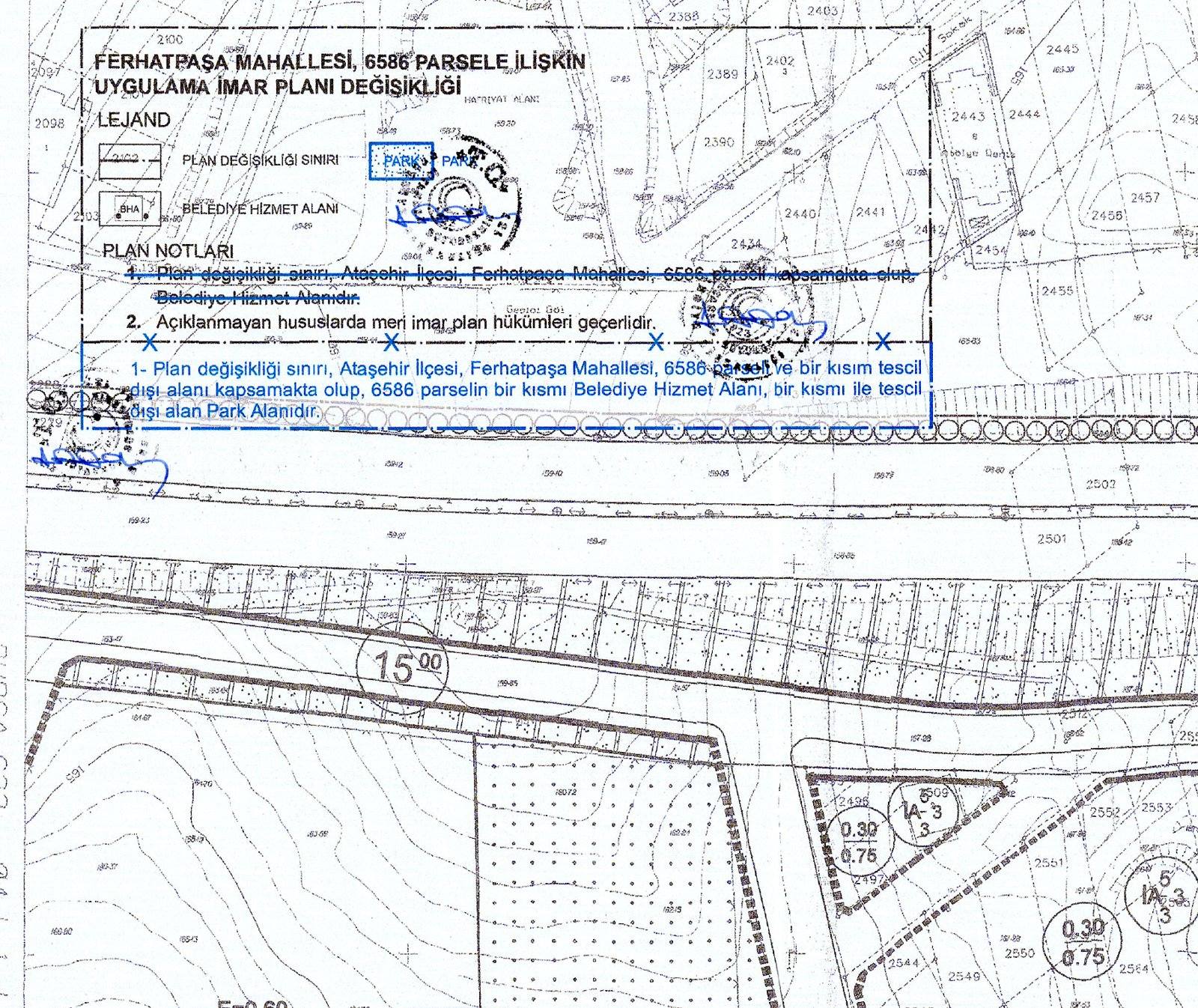 Ferhatpaşa 6586 parsel plan değişikliği paftası ve plan notları