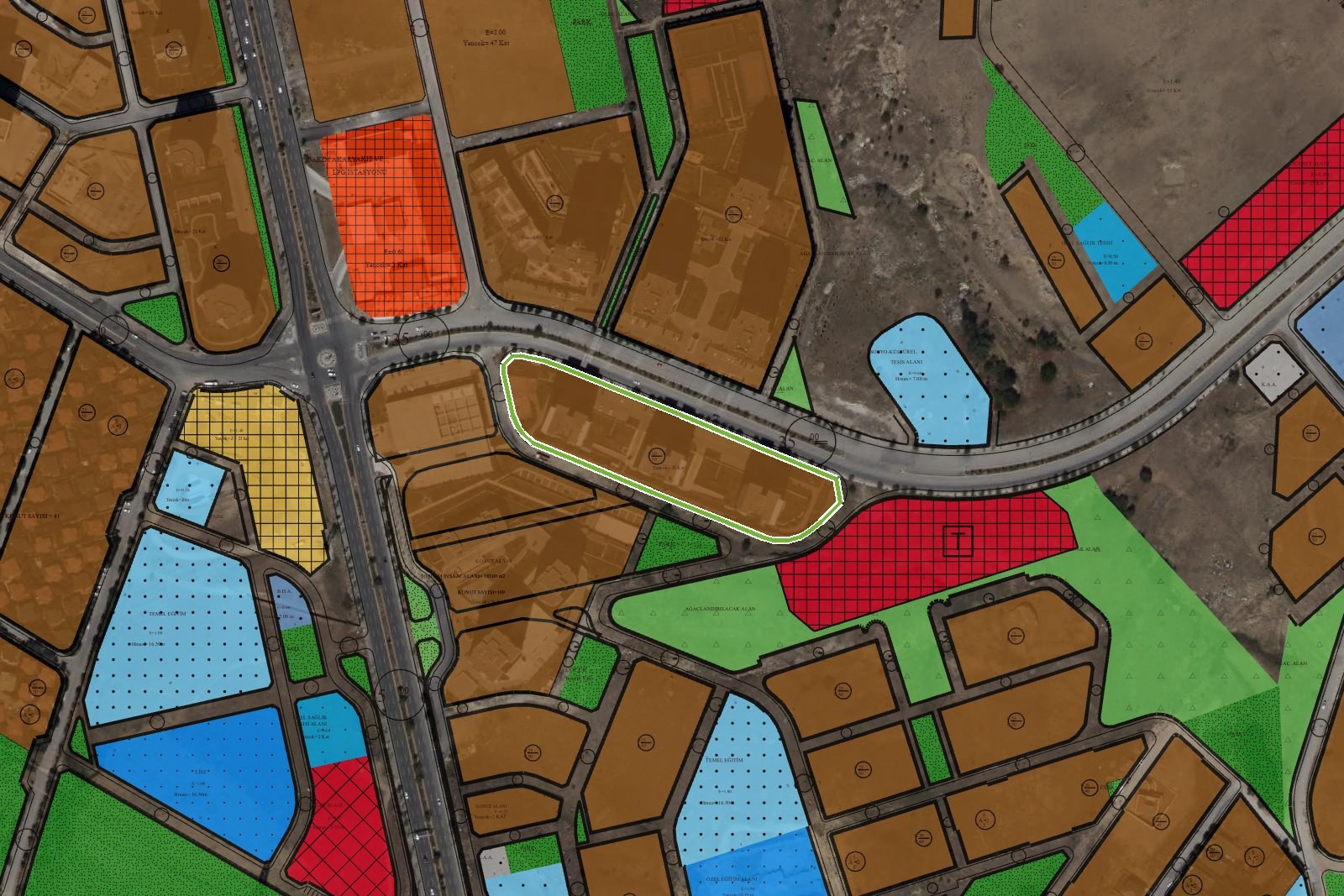 Beytepe'de Başkent CBS uygulama imar planı katmanında yeni ticaret alanı (kırmızı, "T")