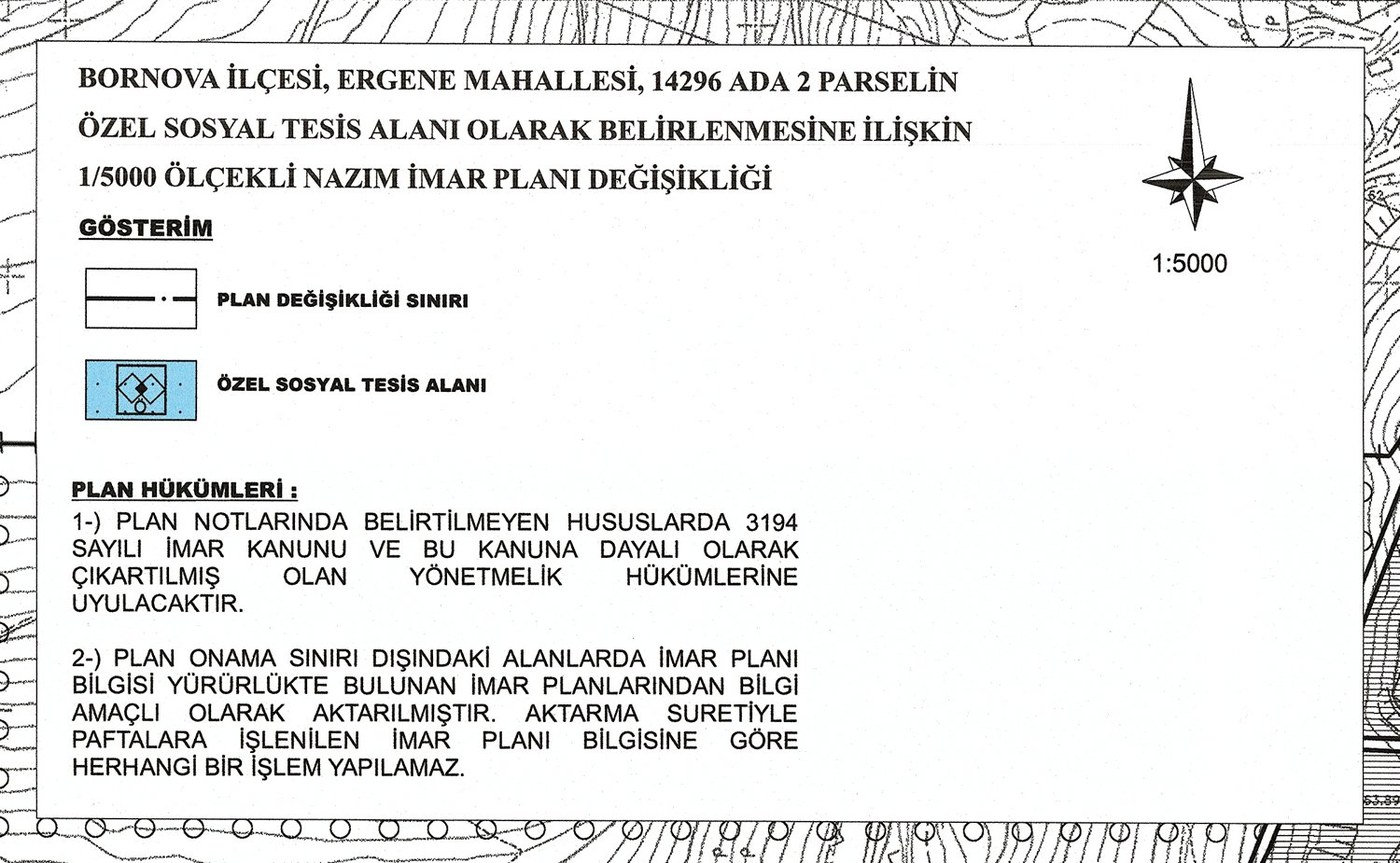 Bornova 14296 ada 2 parsel nazım imar planı değişikliği paftasının gösterim ve plan hükümleri bölümü