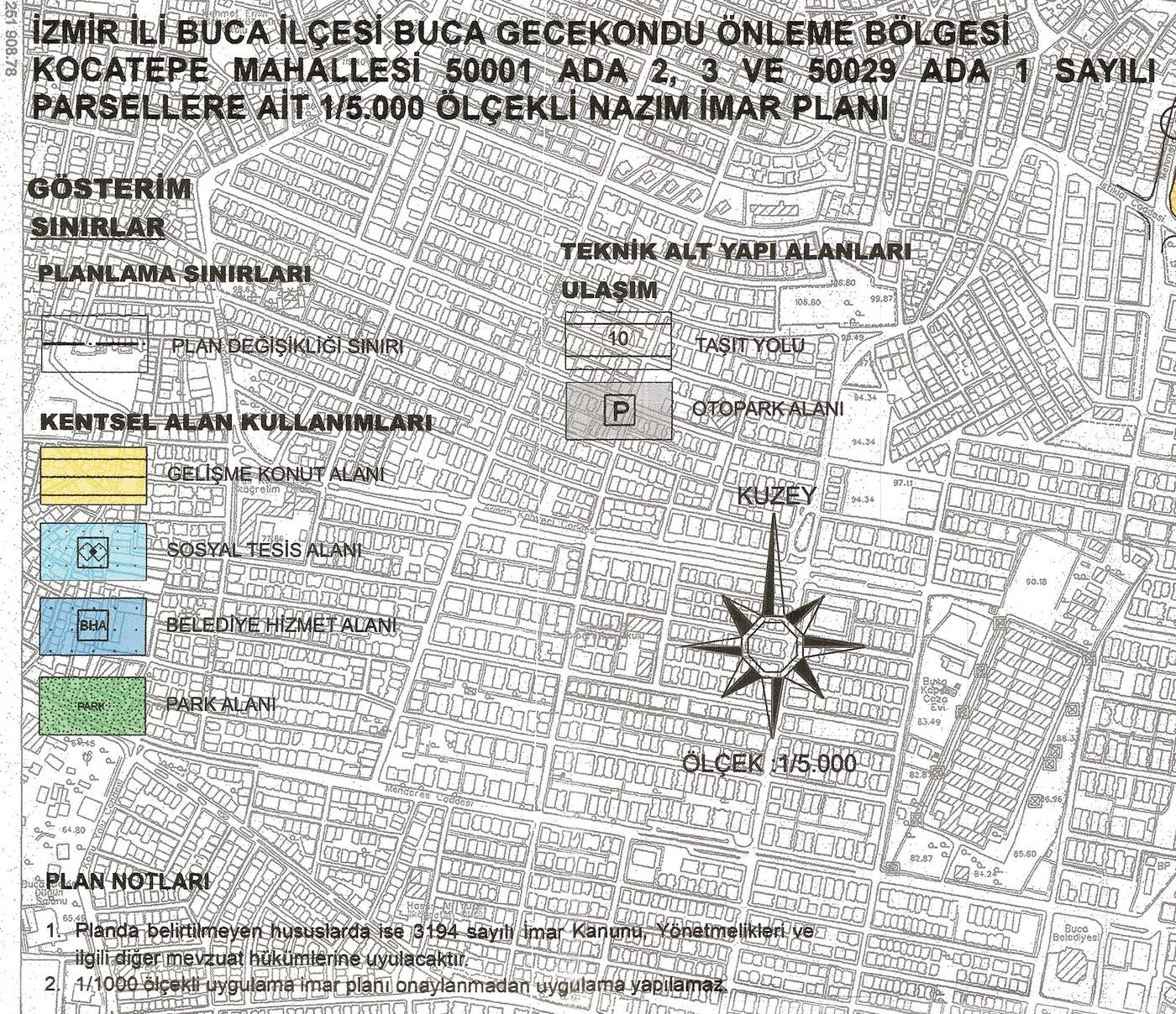 1/5000 ölçekli nazım imar planı paftasının başlık, gösterim ve plan notları bölümü