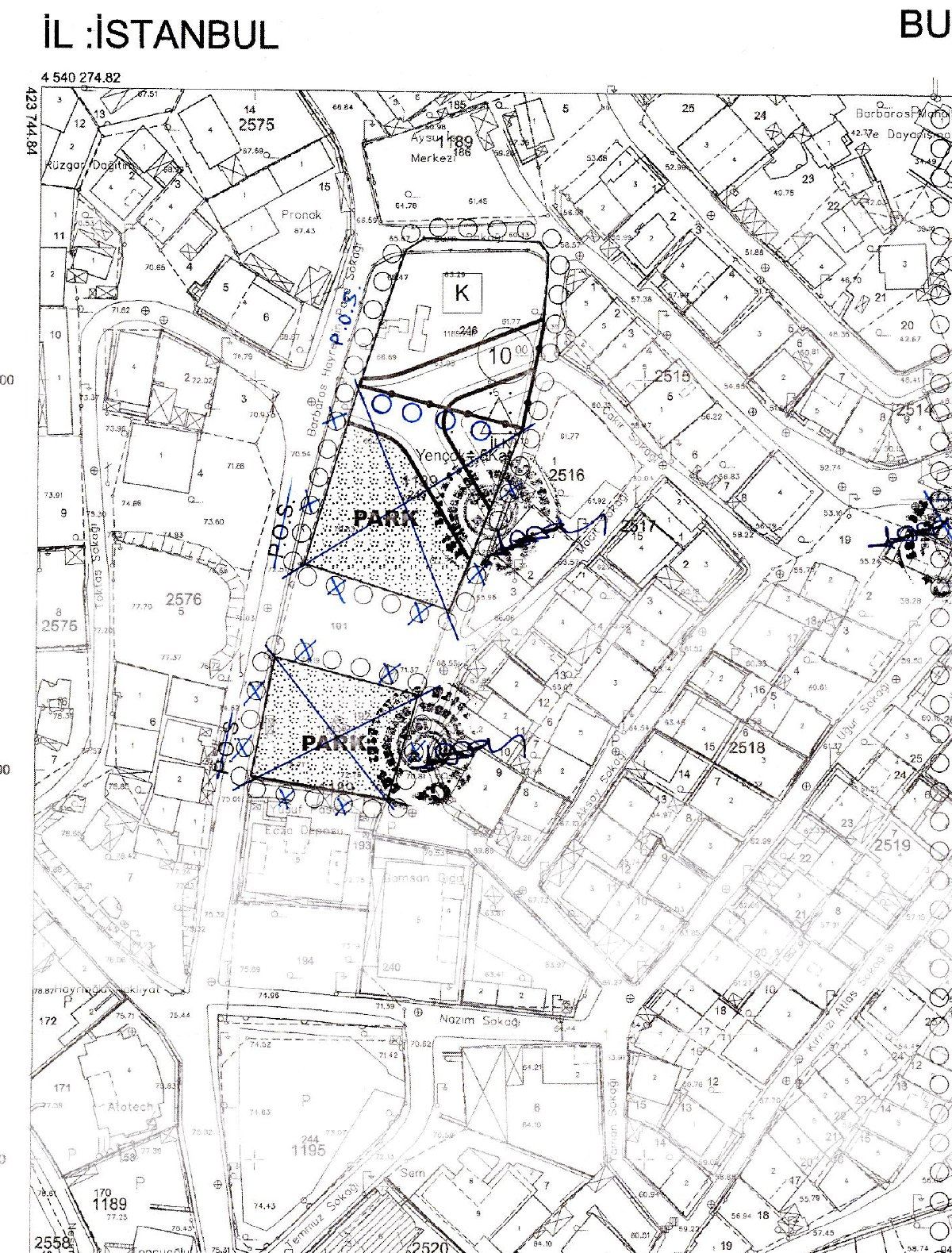 Barbaros 1189 ada 246 parsel plan paftası; park alanları iptal işaretli