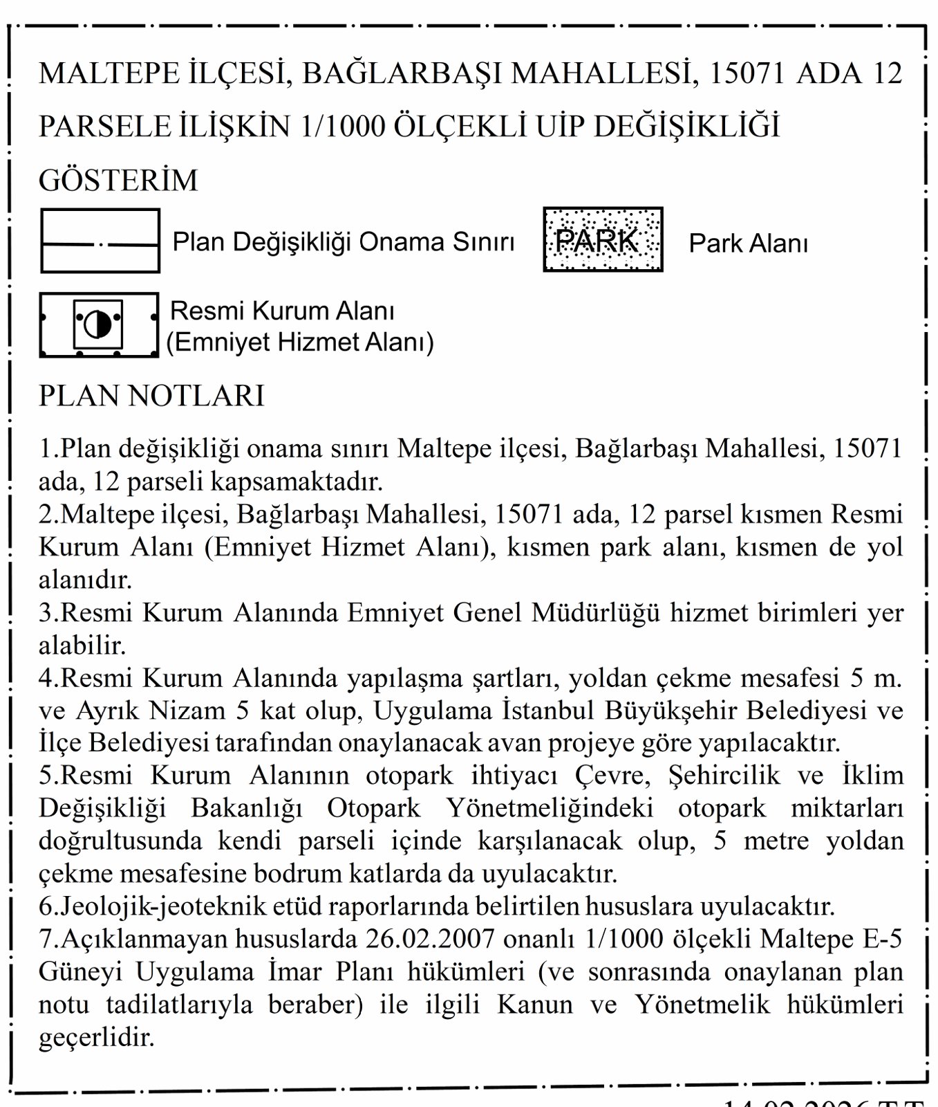 Bağlarbaşı 15071 ada 12 parsel plan değişikliği gösterim ve plan notları