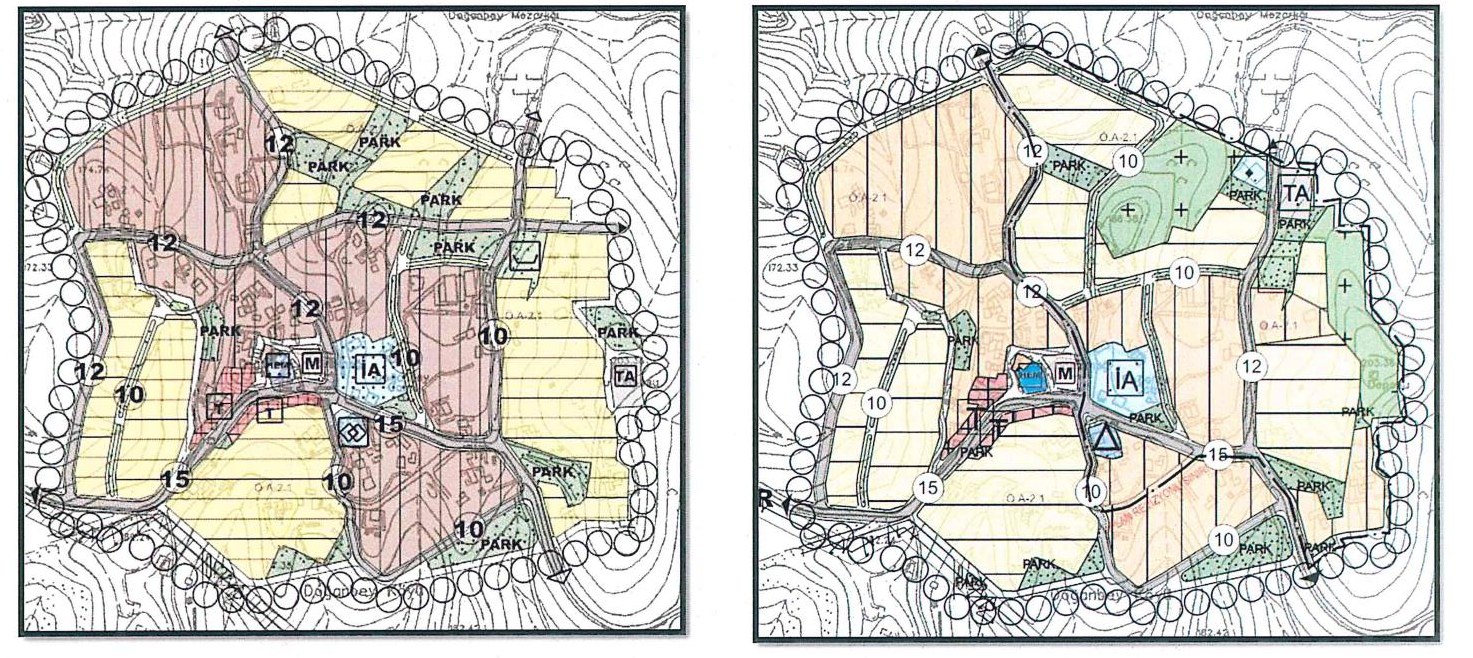 Doğanbey yürürlükteki (solda) ve öneri (sağda) 1/5000 nazım imar planı