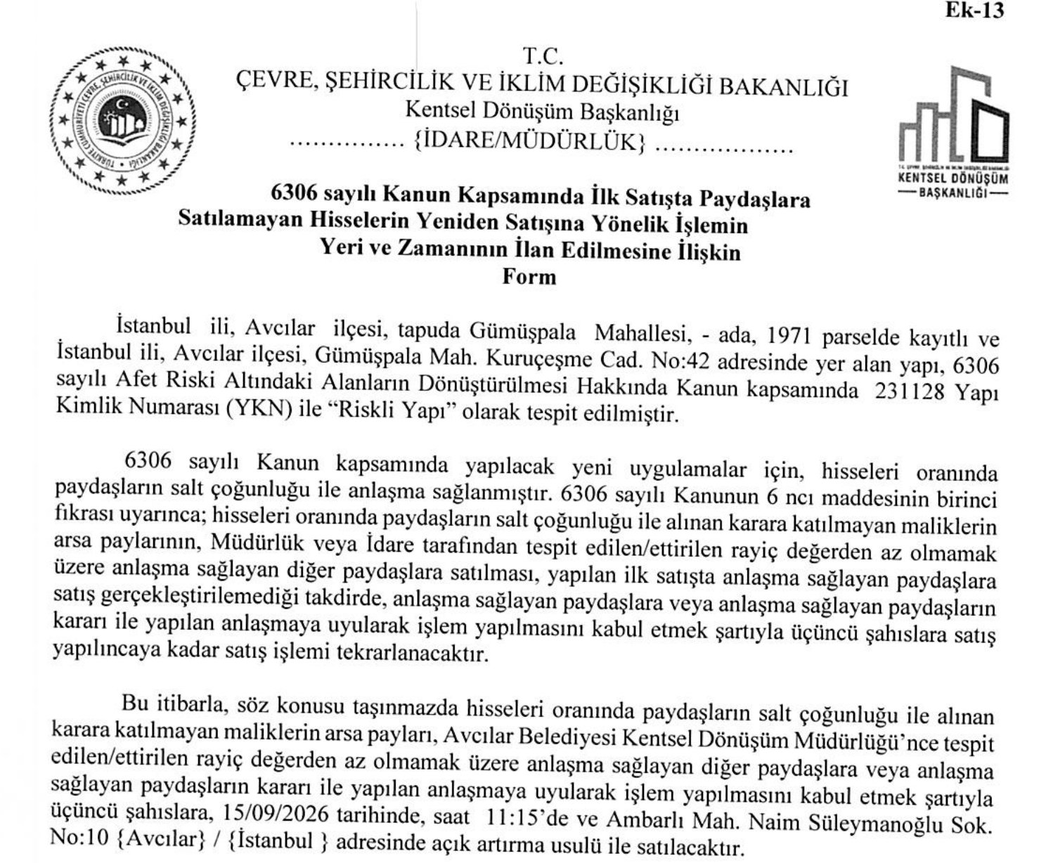 6306 sayılı Kanun kapsamındaki yeniden satış ilanı formu (Avcılar Belediyesi)