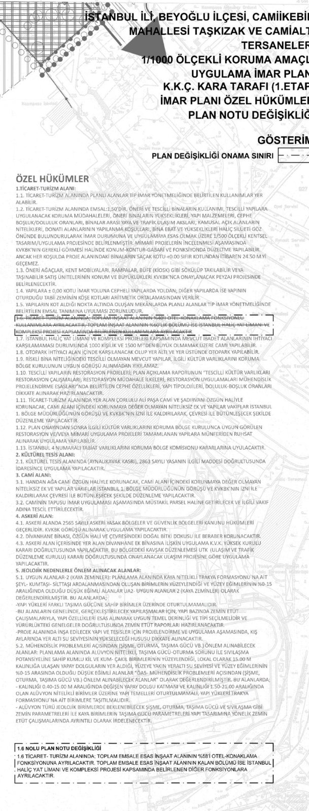 Taşkızak ve Camialtı Tersaneleri plan notu değişikliği paftası