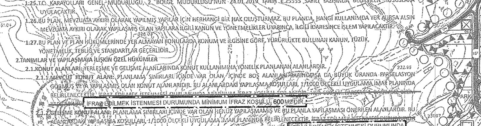 Nazım imar planı paftasında 600 m² olarak değiştirilen ifraz hükmü
