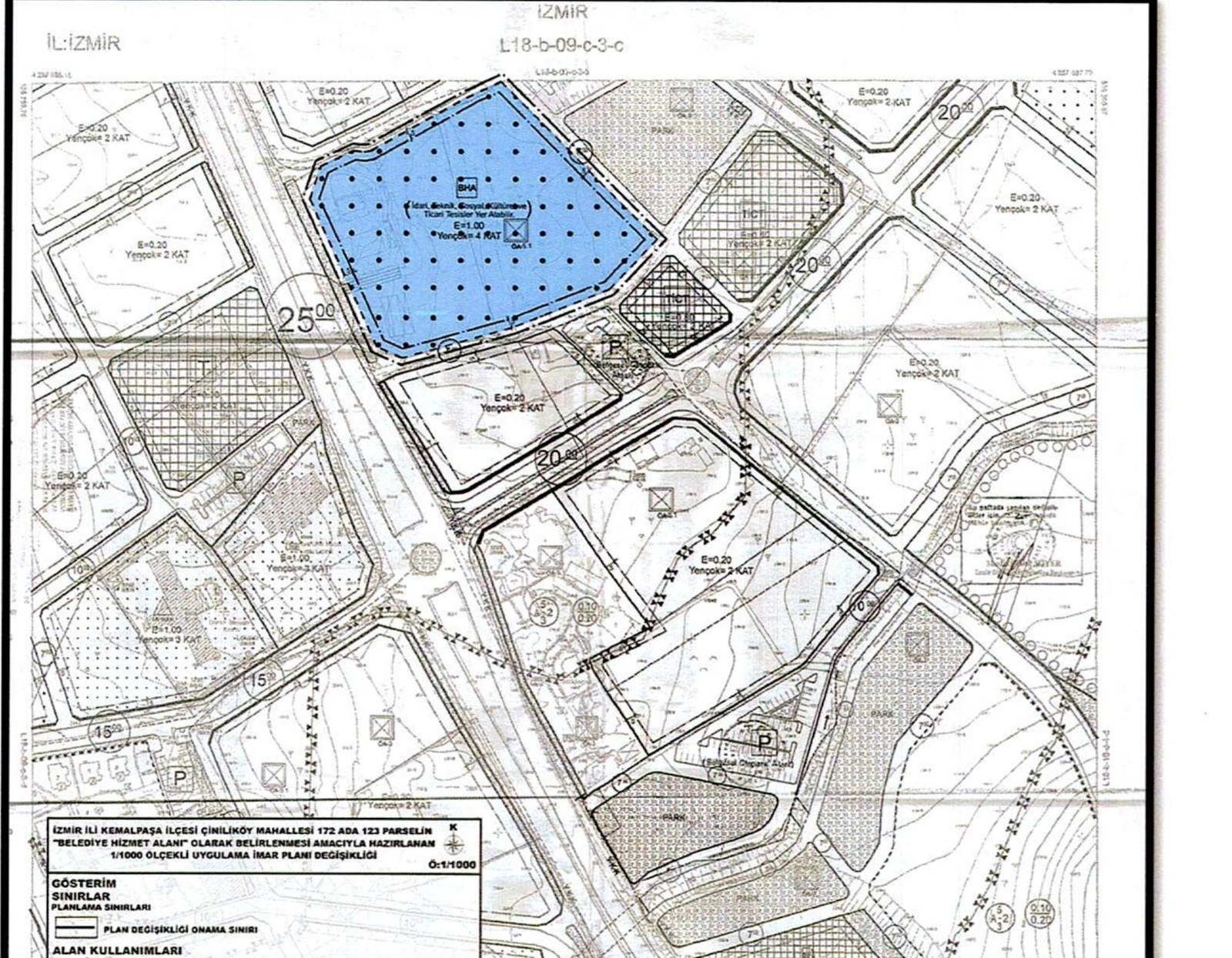 Çınılıköy 172 ada 123 parsel için hazırlanan 1/1000 ölçekli plan değişikliği paftası