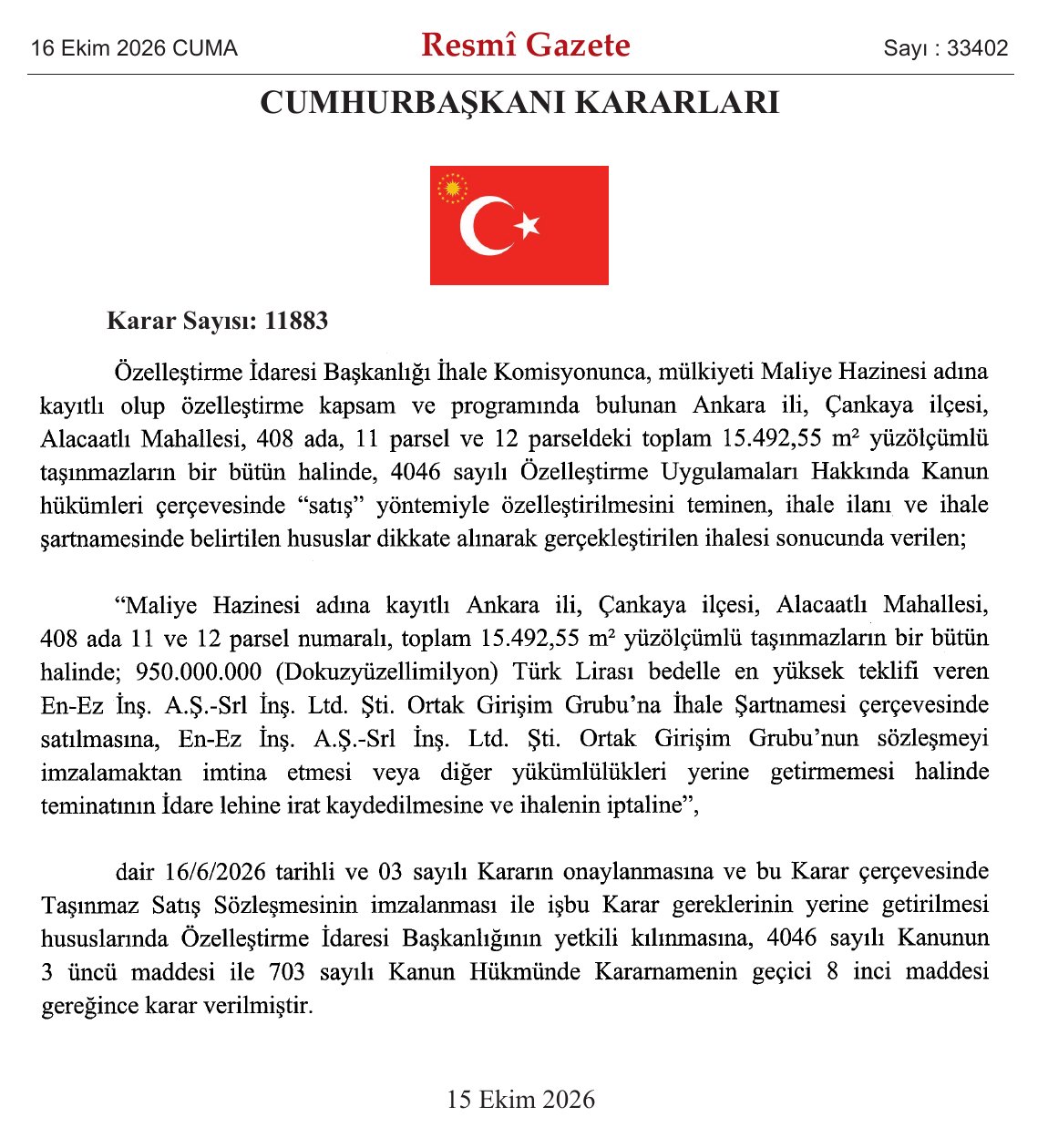 Çankaya Alacaatlı 408 ada 11 ve 12 parsellere ilişkin Cumhurbaşkanı kararı, Resmî Gazete 16.10.2026